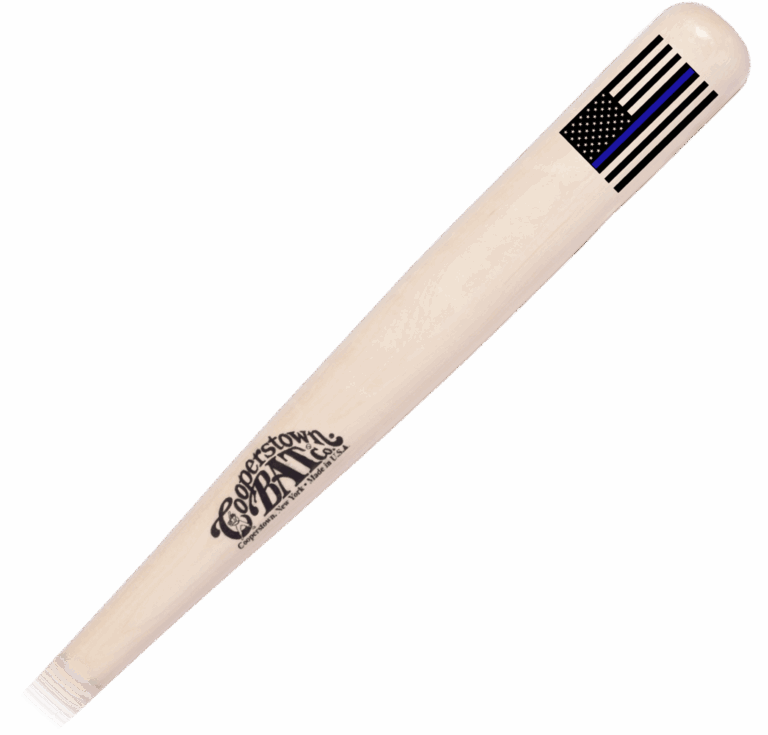 Wooden baseball bat with custom engraved American flag design with hand painted blue line.