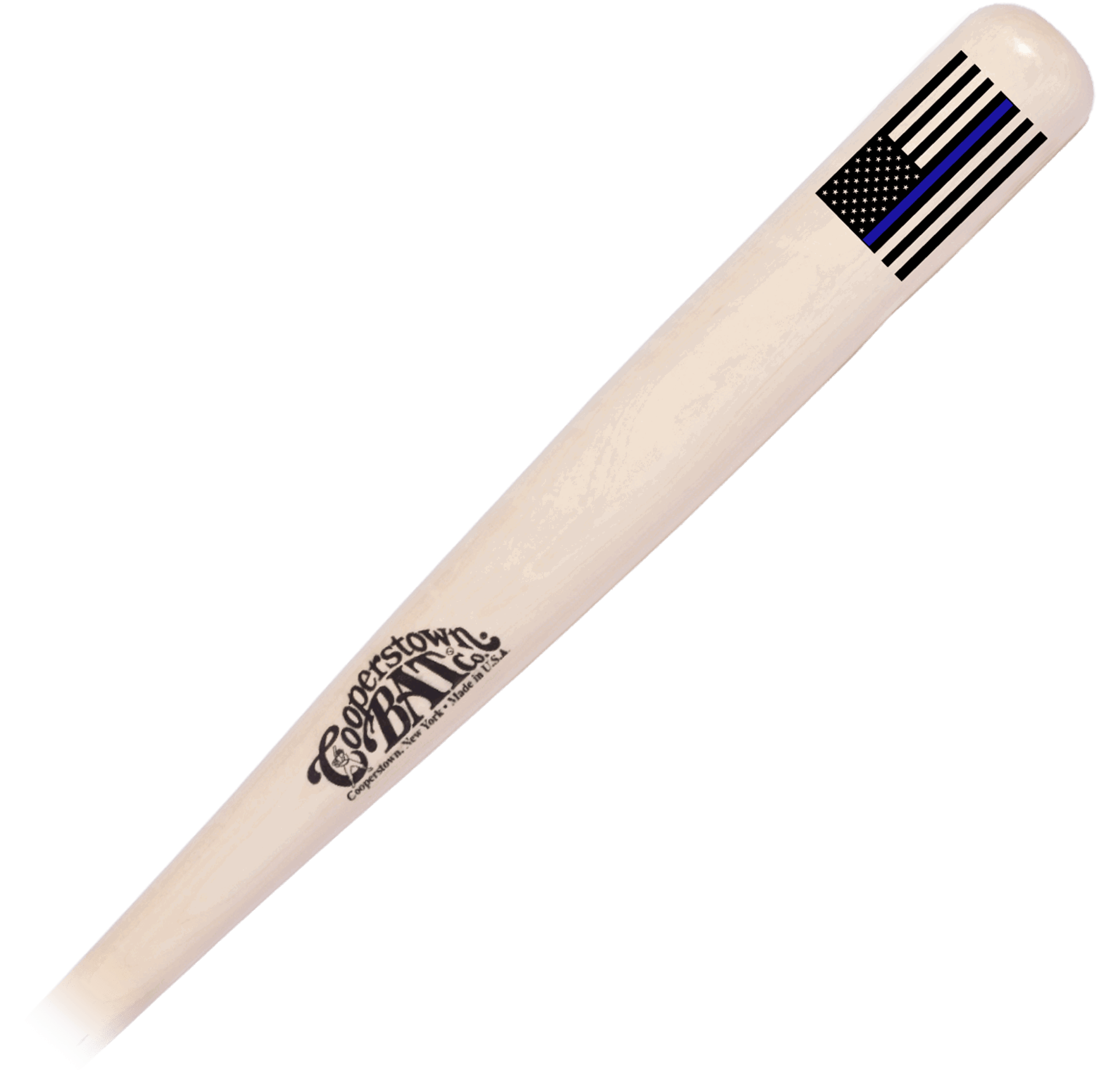 Wooden baseball bat with custom engraved American flag design with hand painted blue line.