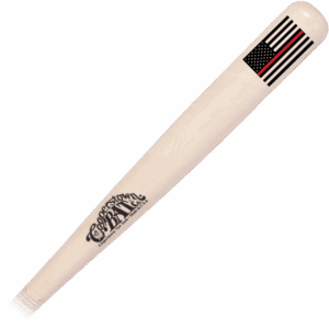 Wooden baseball bat with engraved American flag design with hand painted red line.