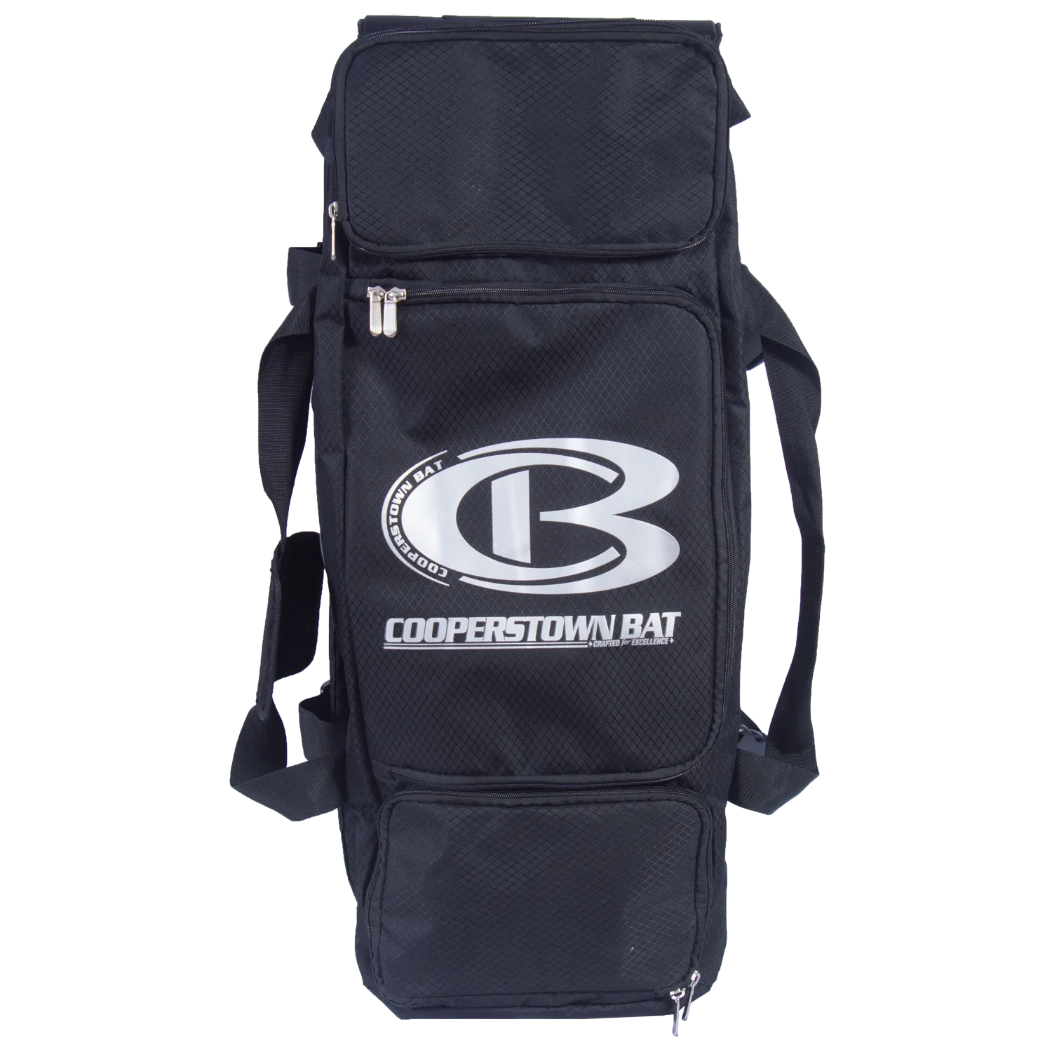 Black Cooperstown Bat bag with logo and zippers.