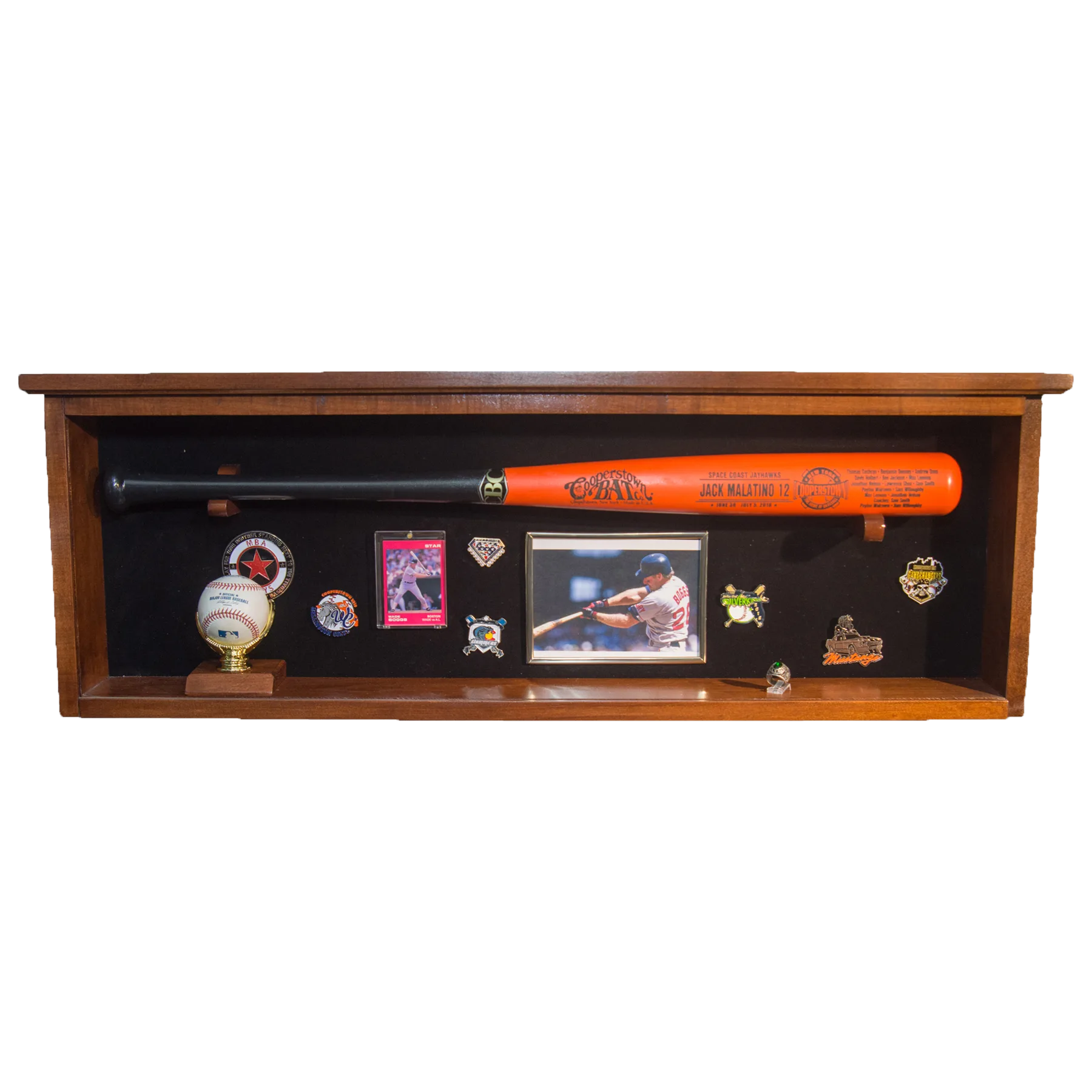 Baseball memorabilia display with bat and keepsakes.