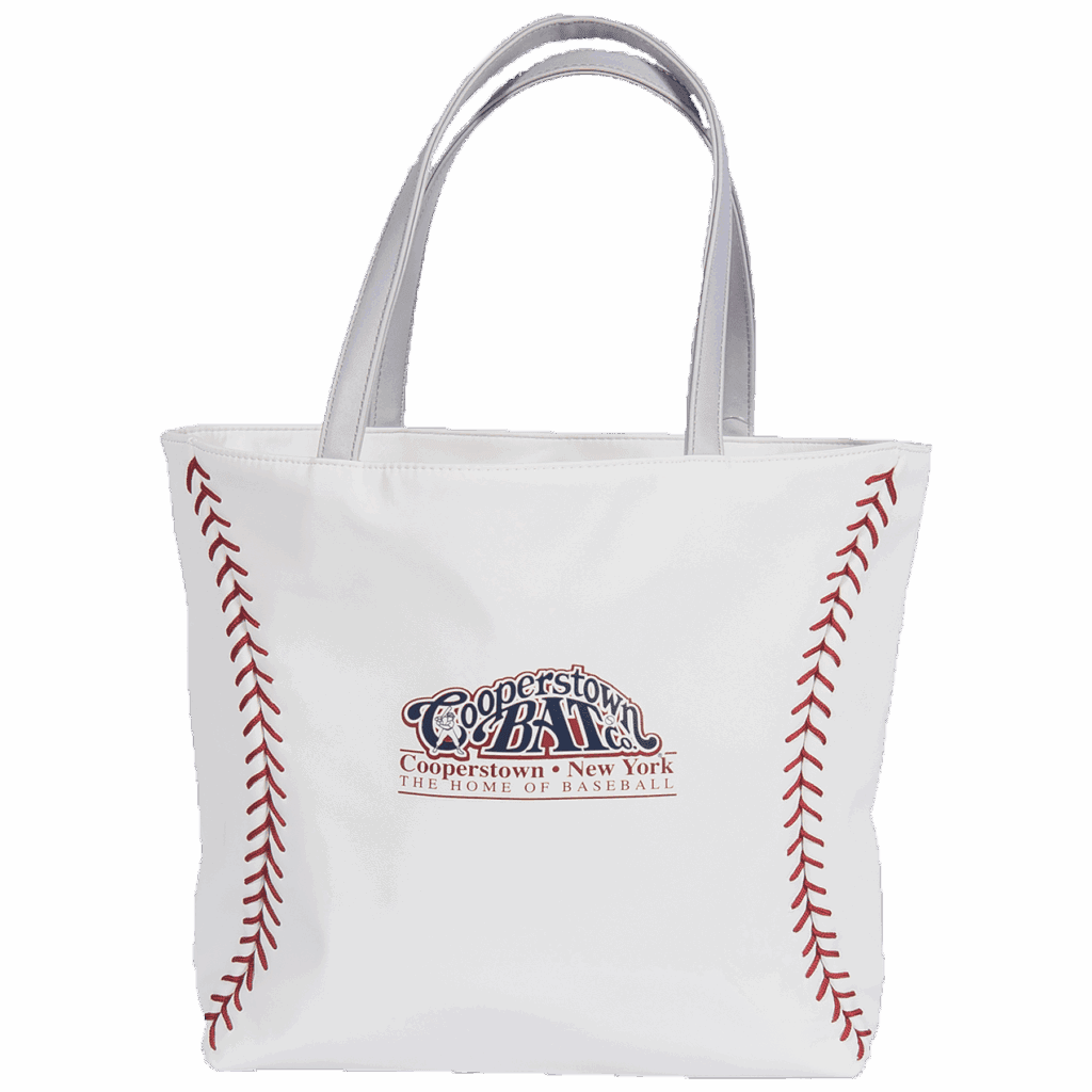 Baseball-themed tote bag with Cooperstown logo.