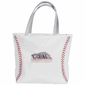 Baseball-themed tote bag with Cooperstown logo.