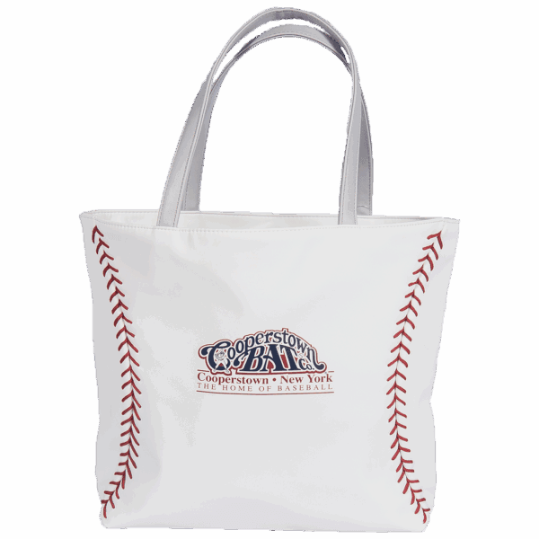 Baseball-themed tote bag with Cooperstown logo.