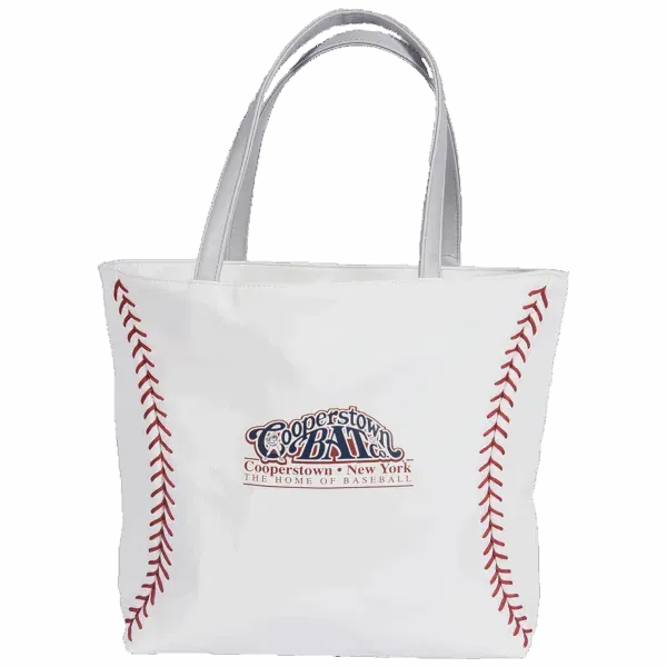Baseball-themed tote bag with Cooperstown logo.