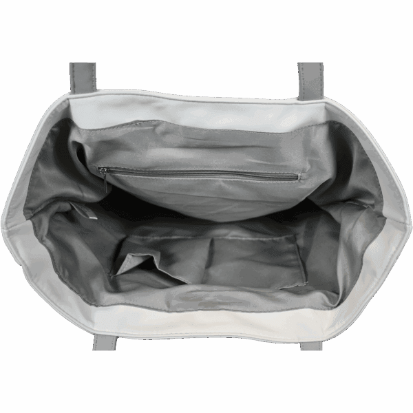 Gray tote bag interior with pockets and zipper.