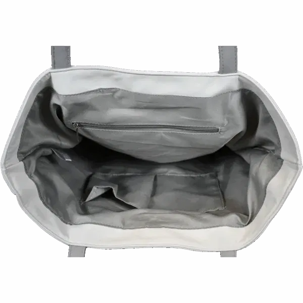 Gray tote bag interior with pockets and zipper.