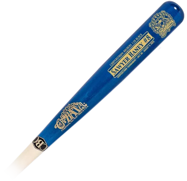 Blue baseball bat with gold text design.