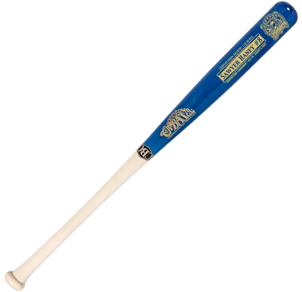 Wooden baseball bat with blue design