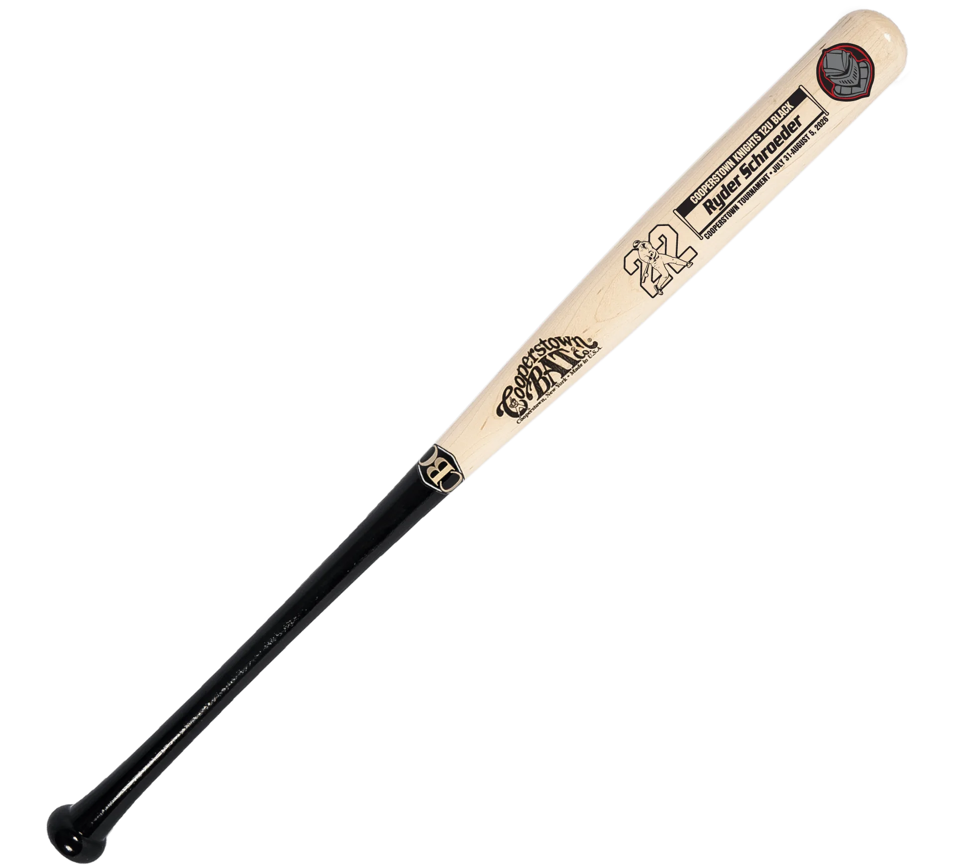 Custom engraved wooden baseball bat with black handle