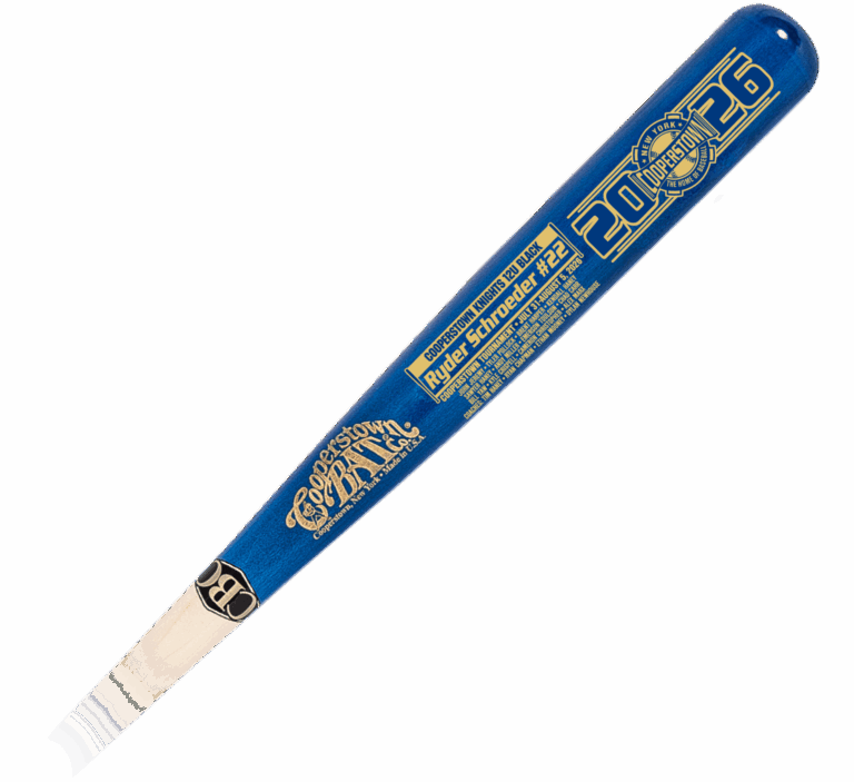 Blue Cooperstown baseball bat with gold lettering