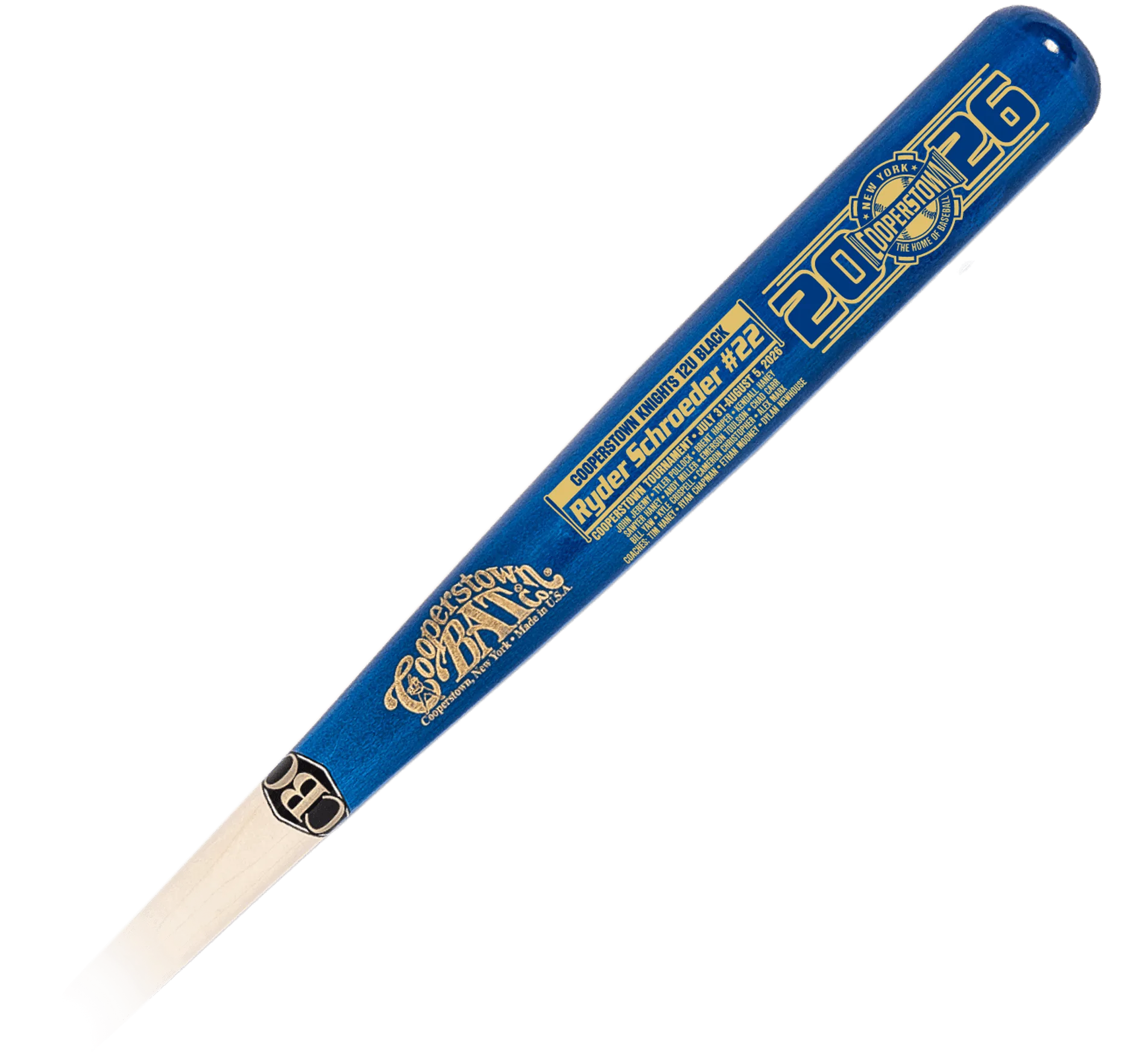 Blue Cooperstown baseball bat with gold lettering
