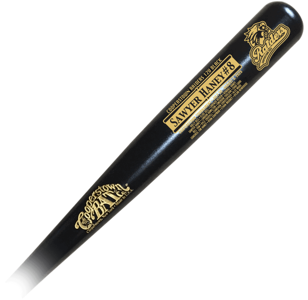 Black baseball bat with engraved text and logo.