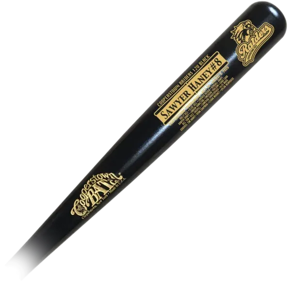 Black baseball bat with engraved text and logo.