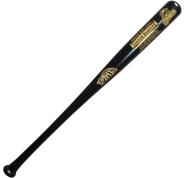 Black Cooperstown bat with gold decals.