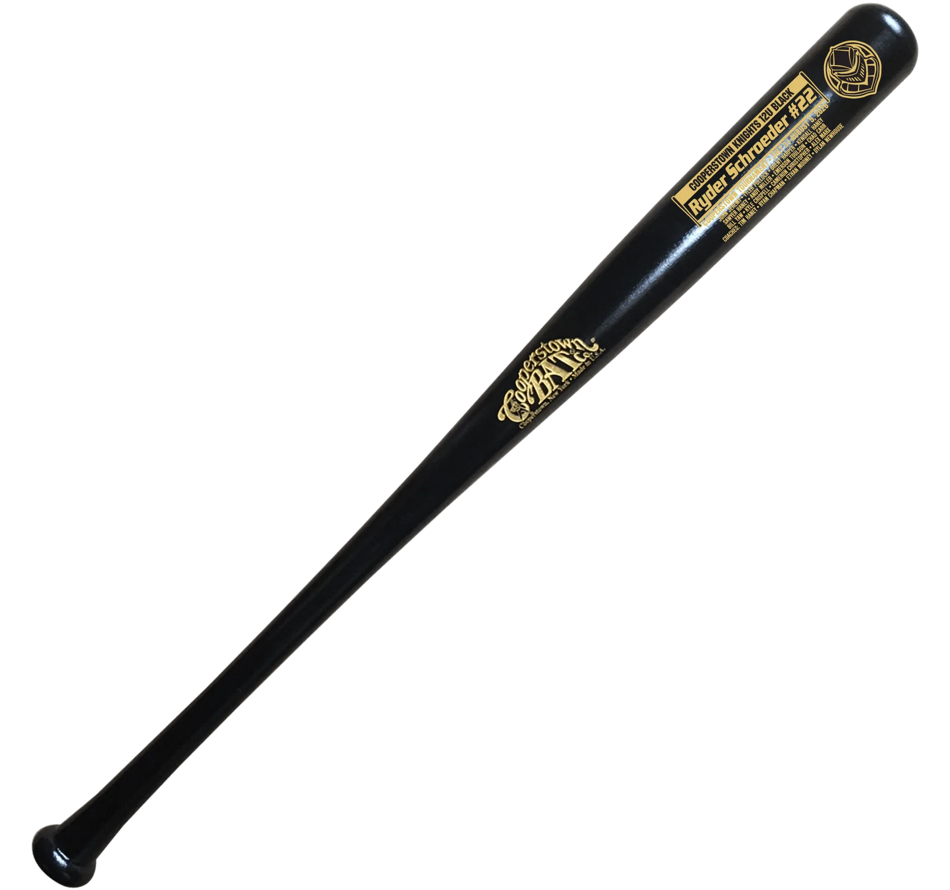 Black baseball bat with gold custom lettering