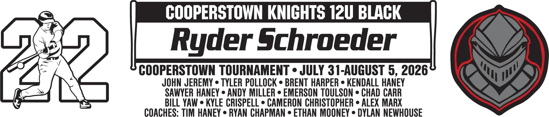 Baseball tournament banner for Cooperstown Knights 12U Black