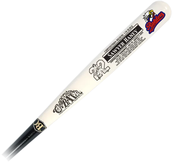 Custom engraved baseball bat with team details.