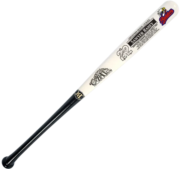 Black and white Cooperstown baseball bat.