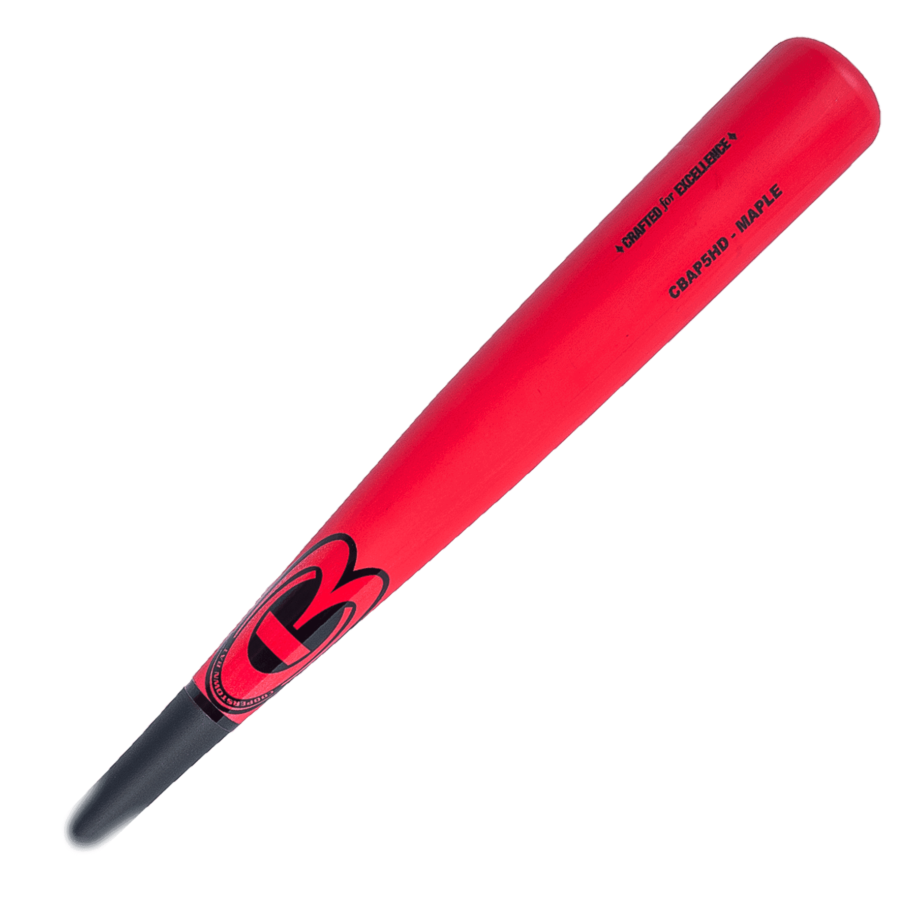 Red baseball bat with black handle.