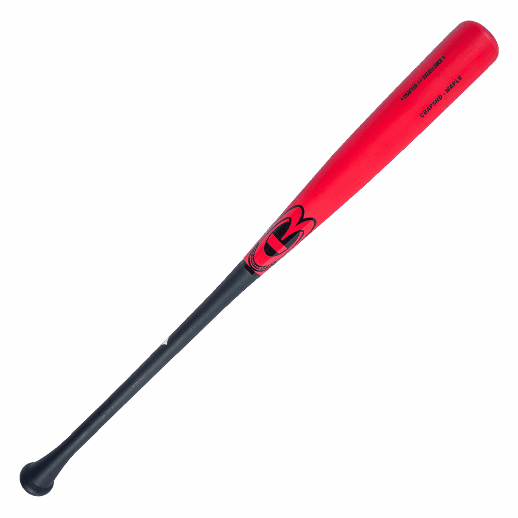 Red baseball bat with black handle.