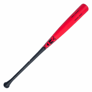 Red baseball bat with black handle.