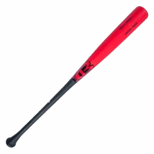 Red baseball bat with black handle.