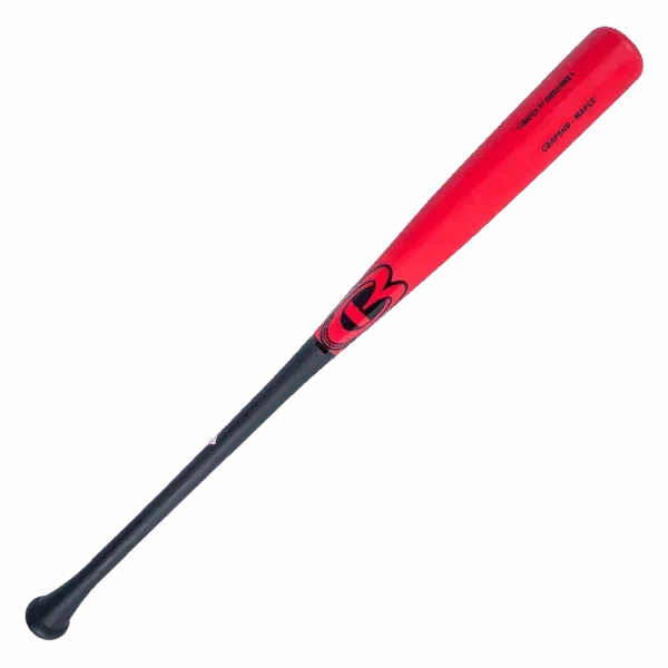 Red baseball bat with black handle.