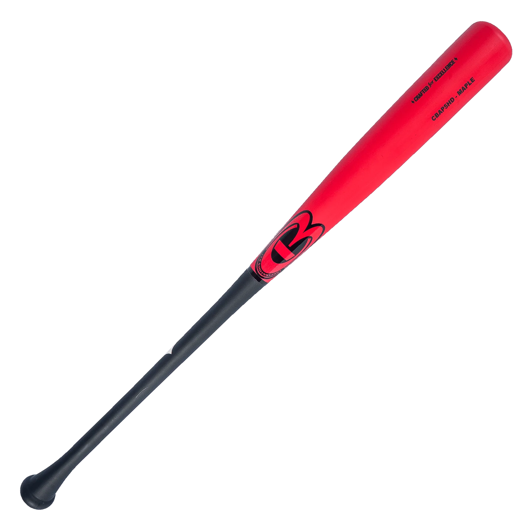 Red baseball bat with black handle.