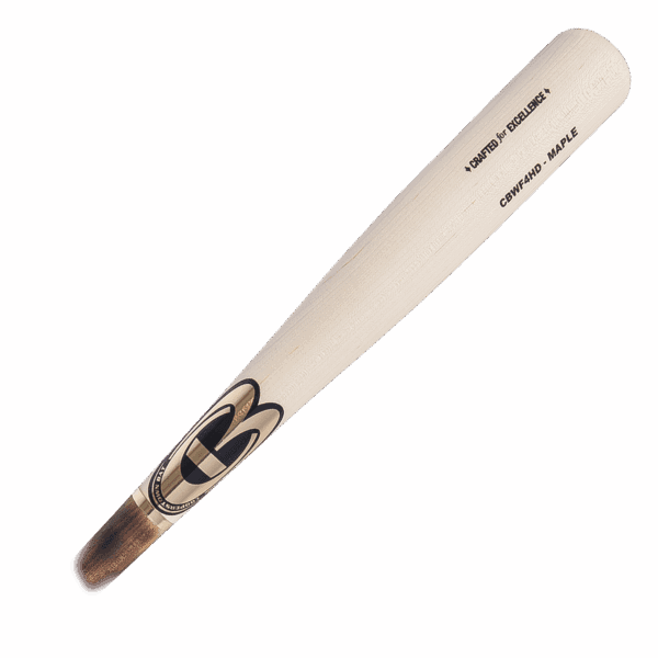 Maple wood baseball bat with logo and inscription.