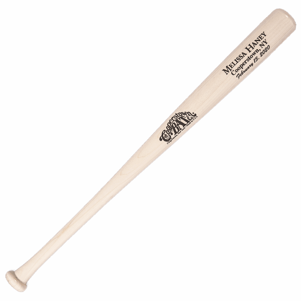 Personalized wood baseball bat with engraved text.