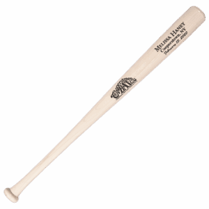 Personalized wood baseball bat with engraved text.