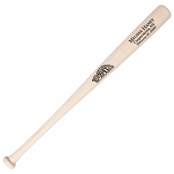 Personalized wood baseball bat with engraved text.