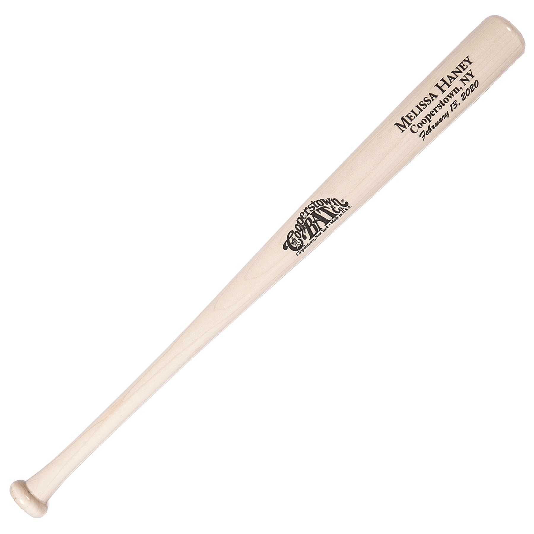 Personalized wood baseball bat with engraved text.