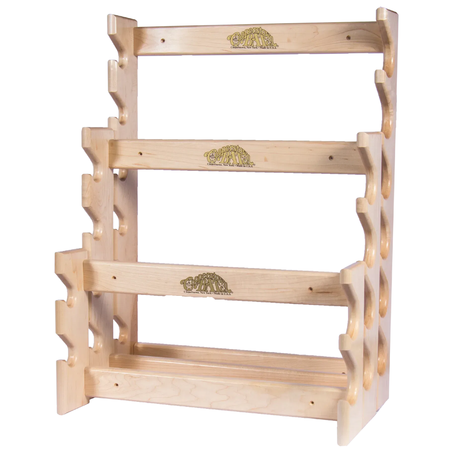Wooden baseball bat rack with logo displays 2 bats