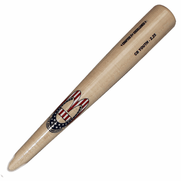 Wooden baseball bat with American flag design.