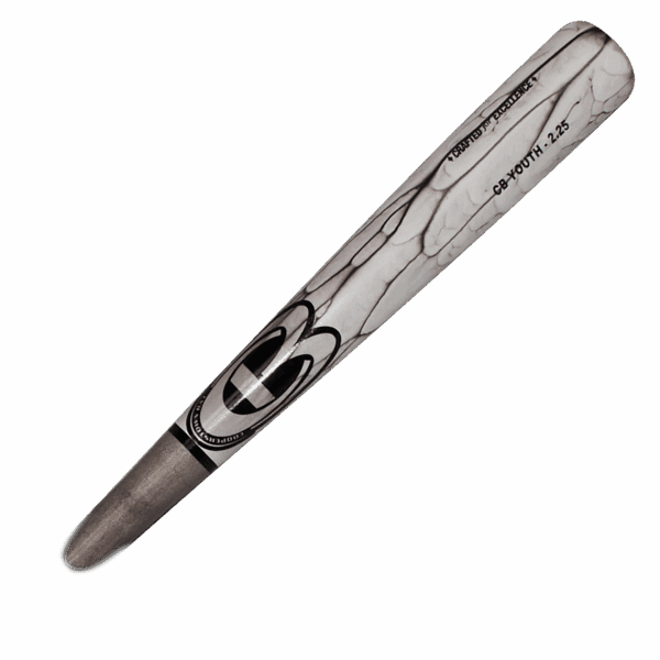 Wooden baseball bat with a textured design.