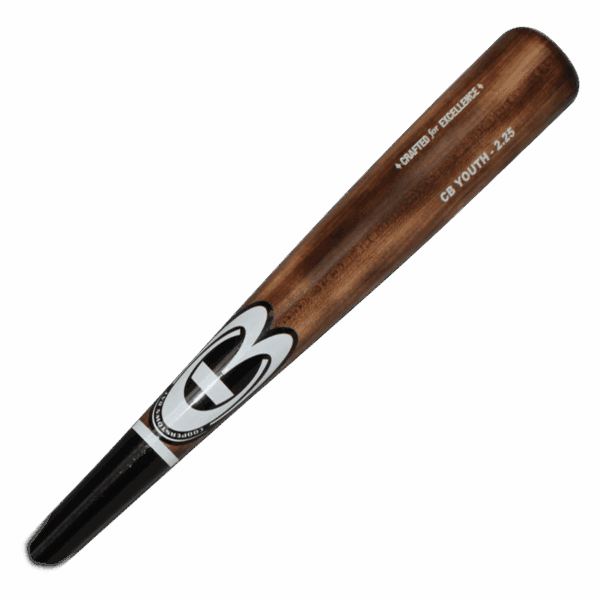 Wooden baseball bat with logo and text.