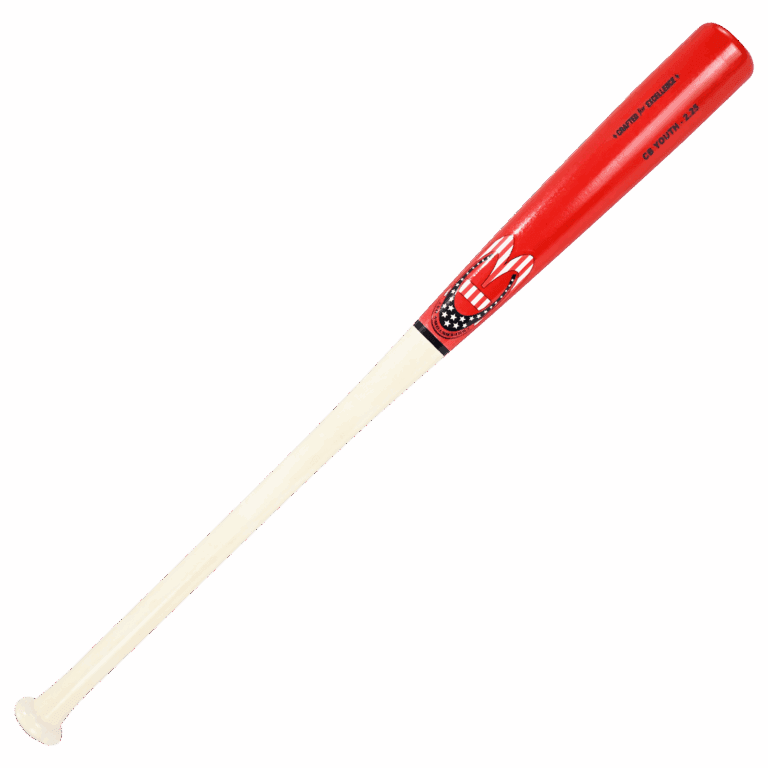 Red baseball bat with white handle