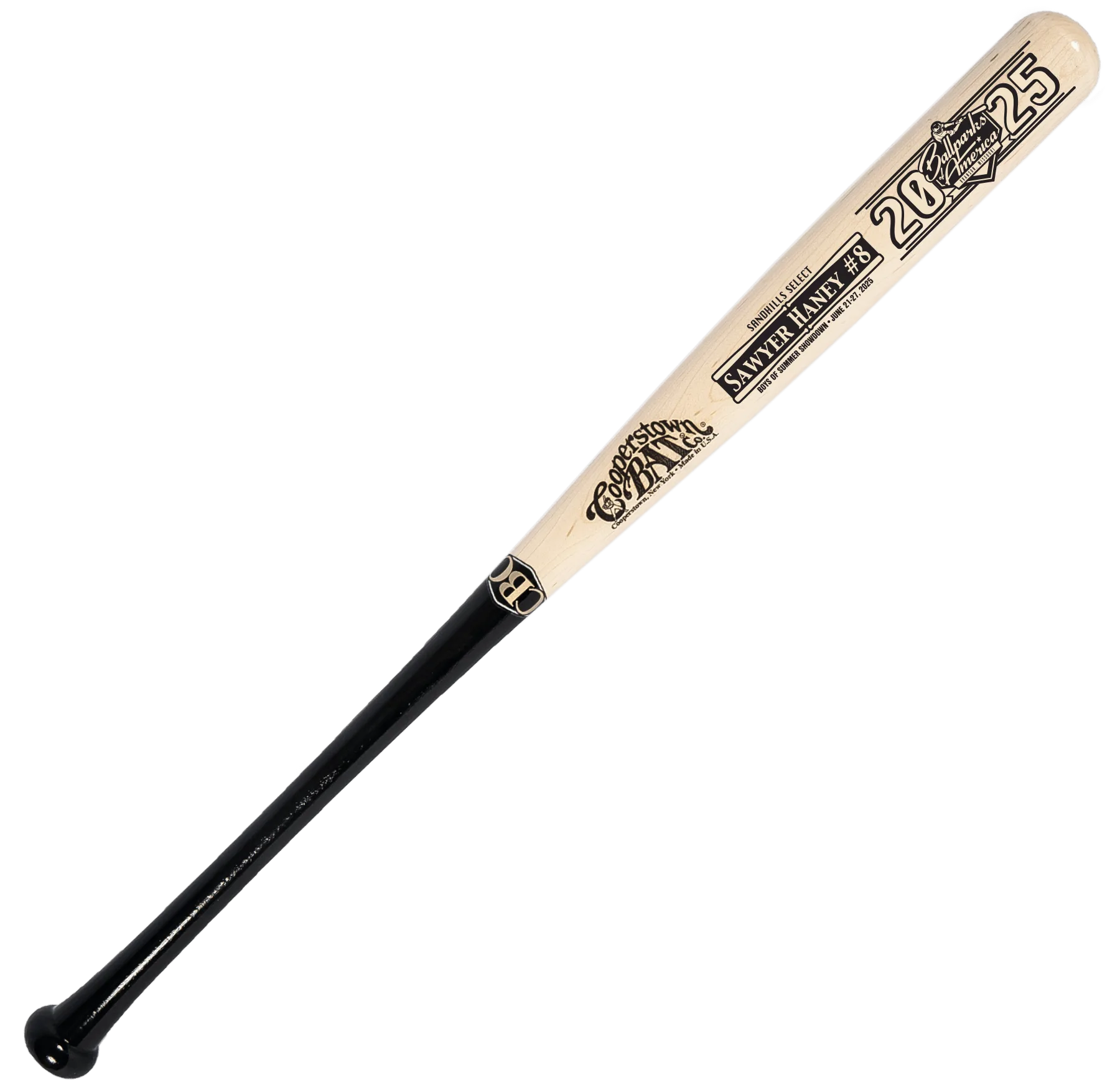 Baseball bat with inscriptions and black handle.