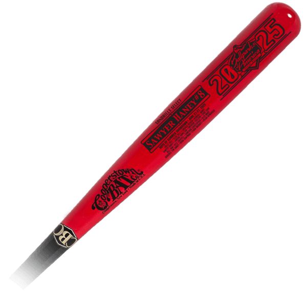 Red commemorative baseball bat with printed text.