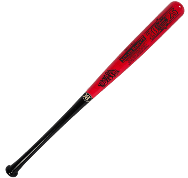 Red and black engraved baseball bat.