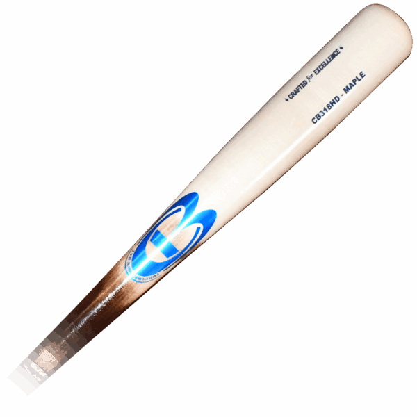 Baseball bat with blue logo on barrel.