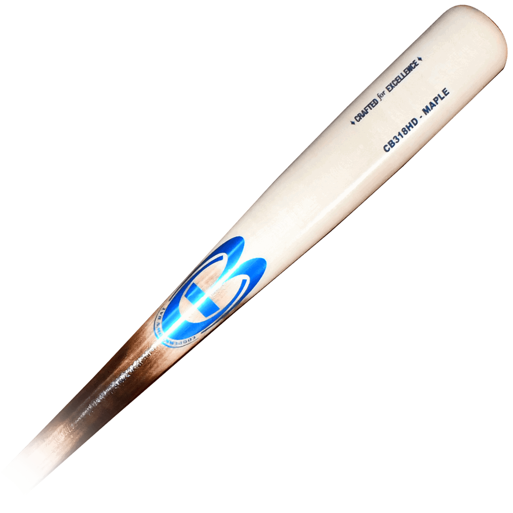 Wooden baseball bat with logo and text.