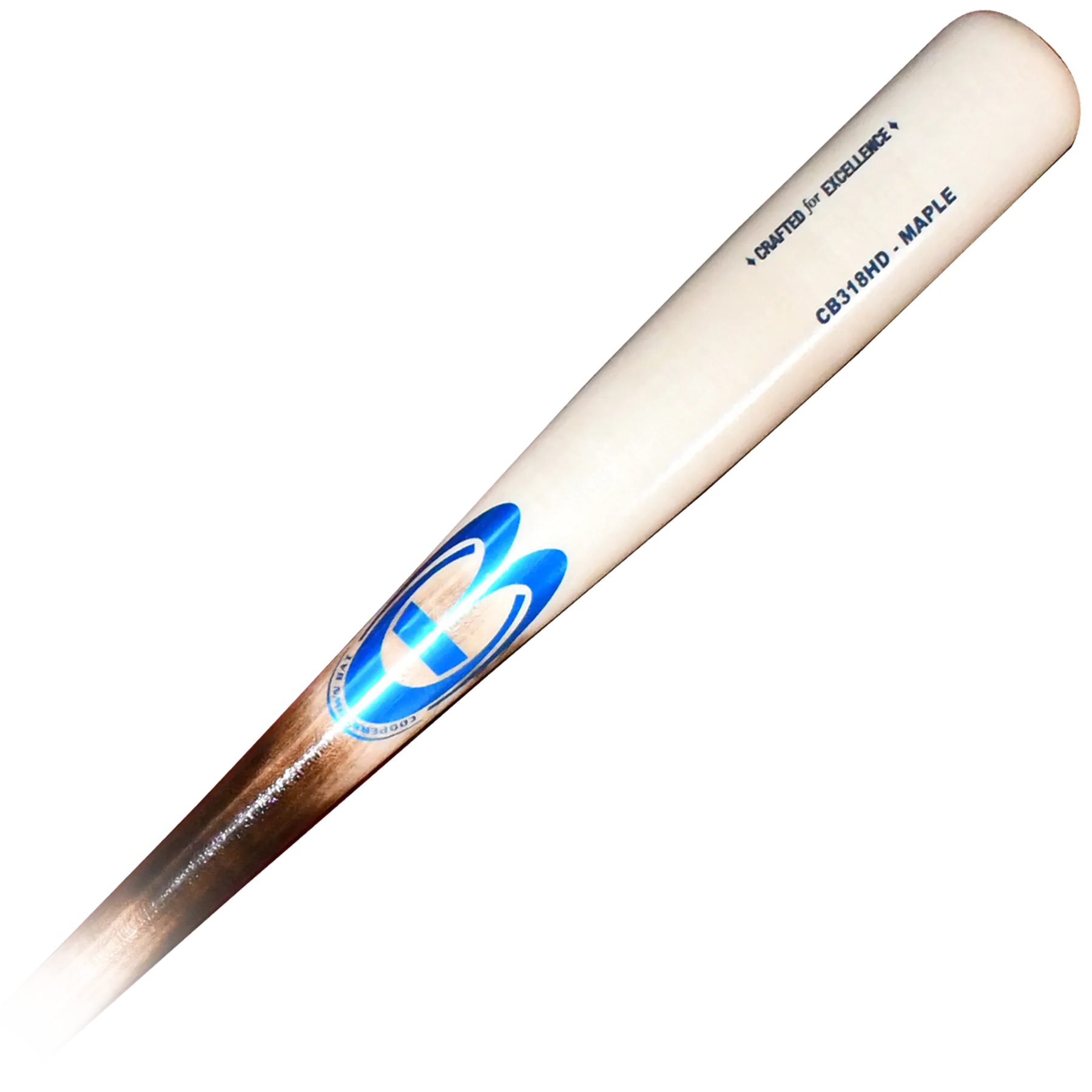 Baseball bat with blue logo on barrel.