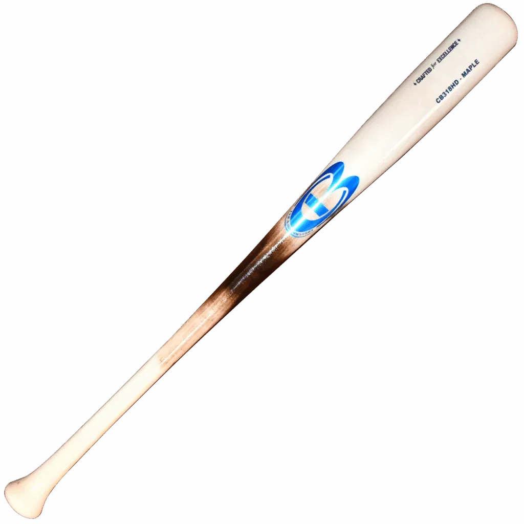 Wooden baseball bat with logo and text.