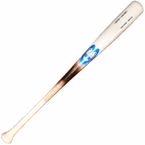 Wooden baseball bat with logo and text.