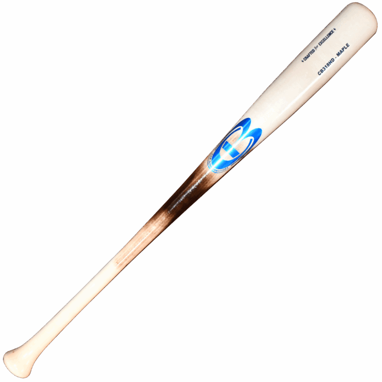 Wooden baseball bat with logo and text.