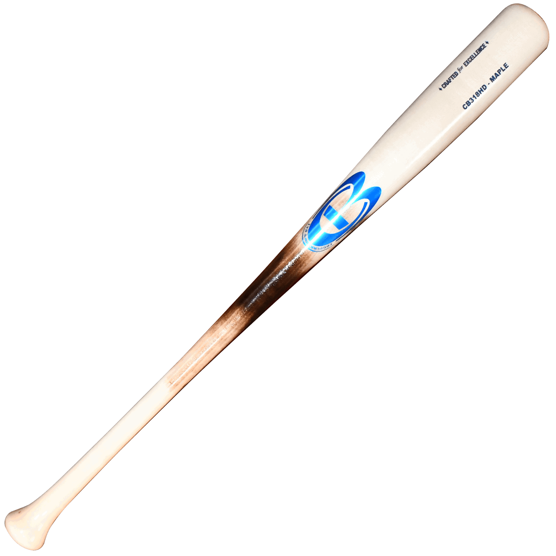 Wooden baseball bat with logo and text.