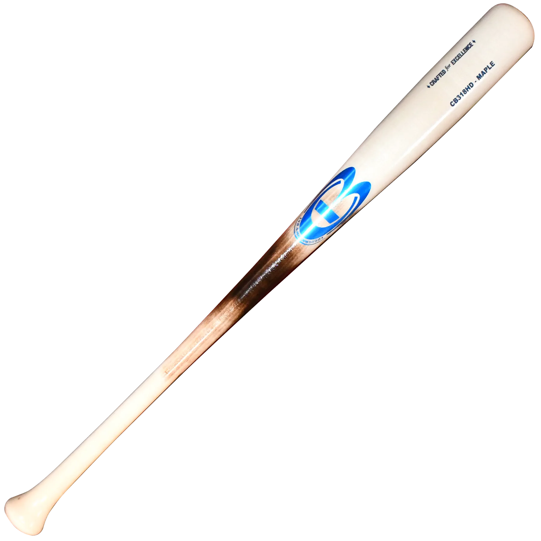 Wooden baseball bat with logo and text.